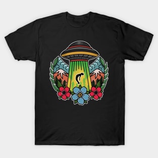 Tattoo Art Alien UFO Abduction hand drawn Coloured T-Shirt